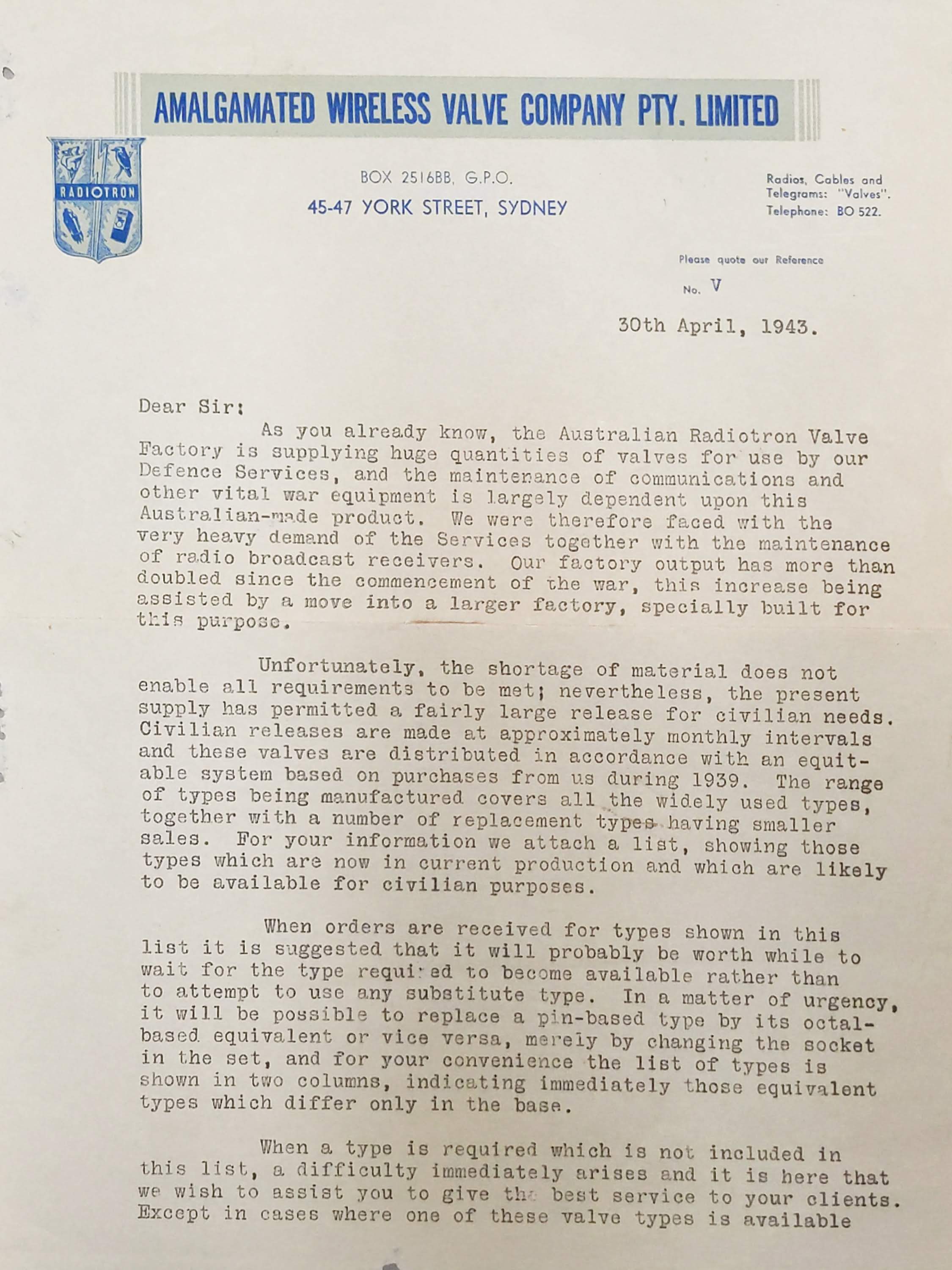 Amalgamated Wireless Valve Company letter about valve availability, page 1