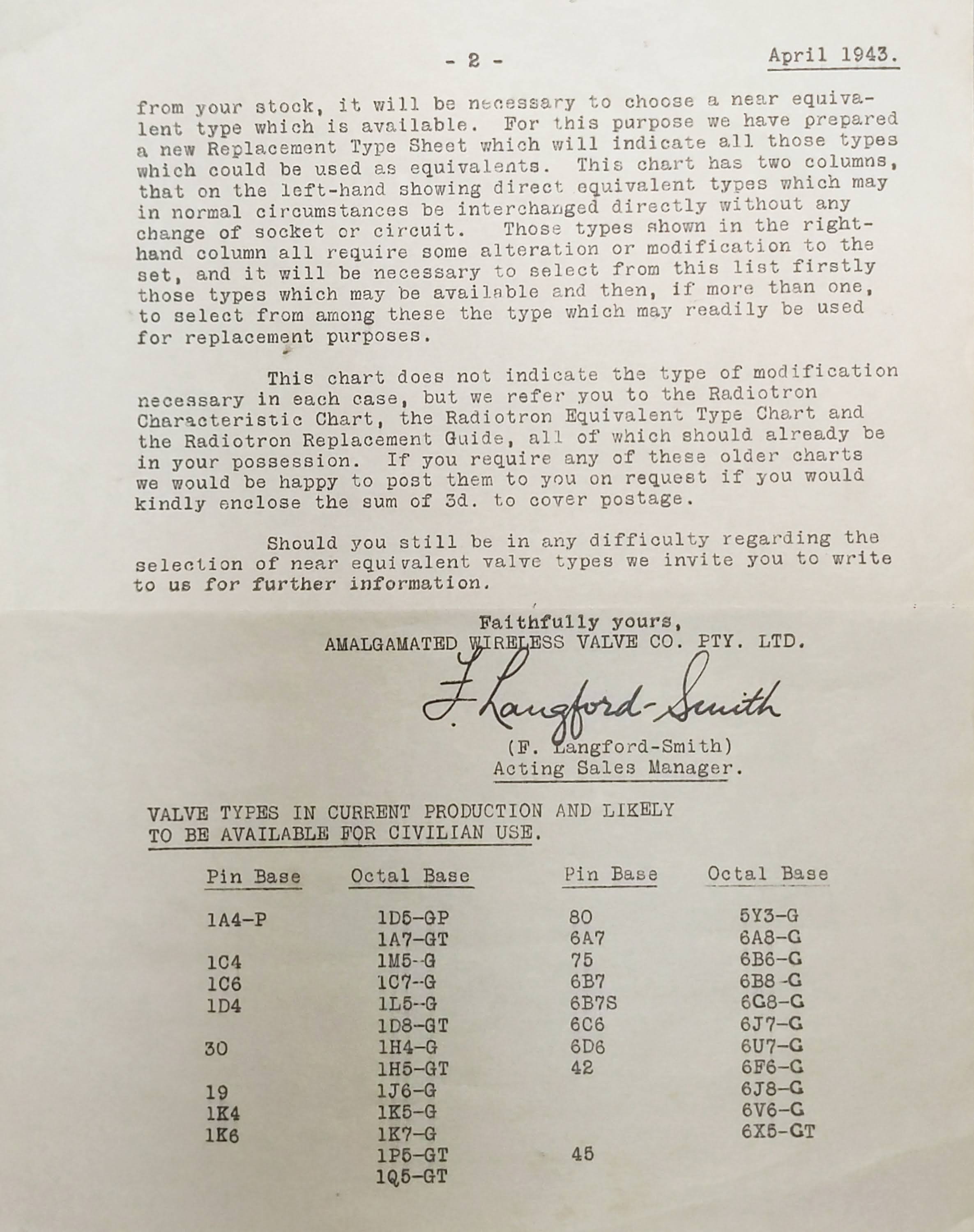 Amalgamated Wireless Valve Company letter about valve availability, page 2